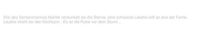 DonnersNacht
V-LENZ / Willst Du?
Wie des Sensenmannes Mantel verdunkelt sie die Sterne, eine schwarze Lawine rollt an aus der Ferne. Lautlos streift sie den Kirchturm - Es ist die Ruhe vor dem Sturm...
Weiterlesen...